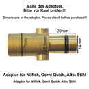 Maßzeichnung des Messingadapters für Nilfisk Gerni Quick mit schwarzem O-Ring und Anschlussmaßen.