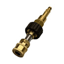 Schrägansicht eines Adapters mit langer Messing-Steckspitze, schwarzer geriffelter Überwurfmutter und Messing-Schnellkupplung.