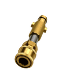 Adapter mit Messing-Bajonett, schwarzem O-Ring, kurzem Metallrohr und gerändelter Messing-Schnellkupplung.