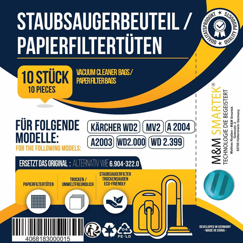 Staubsaugerbeutel Patronenfilter für Kärcher wie 6.904-322.0 Serie MV2 WD2 A2003