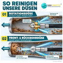Vergleichsgrafik zur Reinigung der Rohrwand durch Rotationsdüse und Front- und Rückbohrdüse