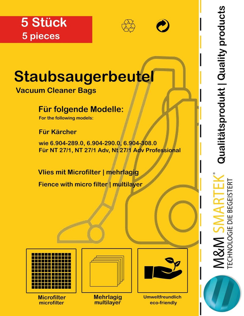 5x Staubsauger Beutel für Kärcher NT 27/1 Me Adv Professional Vlies Microfilter 6.904-289.0, 6.904-290.0