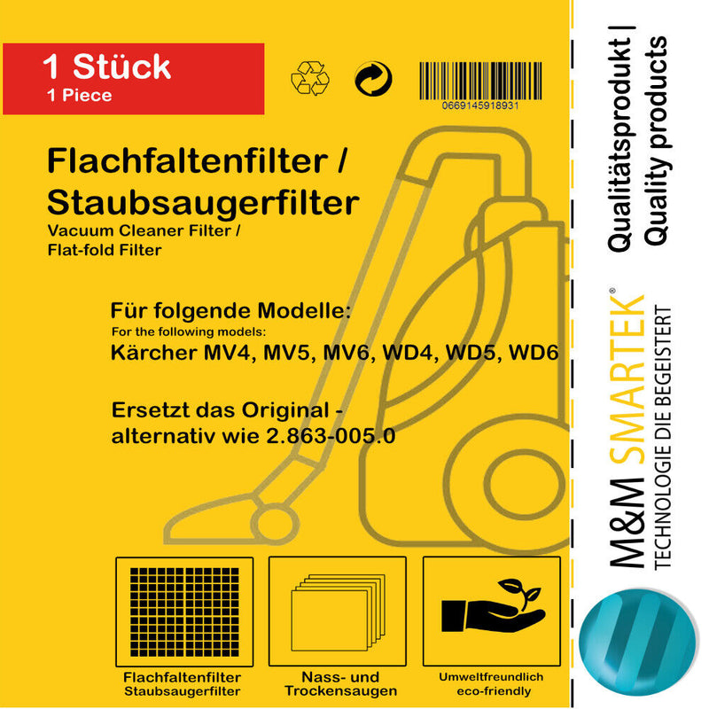 10x Staubsaugerfilter & 1x Filter für Kärcher 2.863-006.0 für MV4 WD6 WD5 WD4