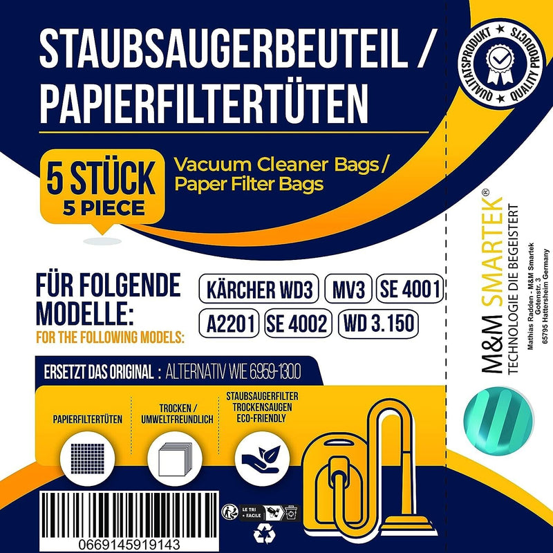 10x Staubsaugerbeutel + 1x Patronenfilter für Kärcher 6.959-130.0 WD2 WD3 MV3